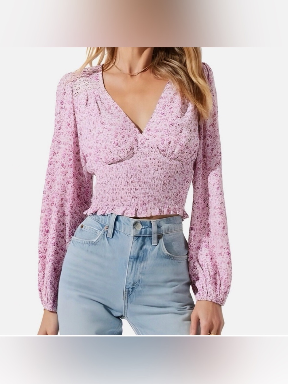 Astr Pink Floral Smocked V-Neck Long Sleeve Crop Top